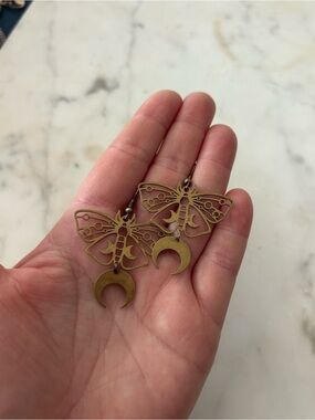 Brass Moth & Crescent Moon Drop Earrings - Brass Tone